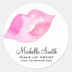 Watercolor pink lips makeup branding classic round sticker