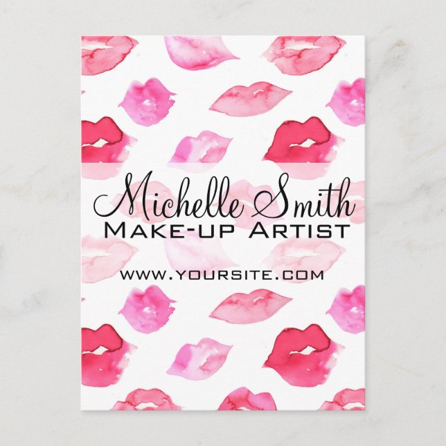 Watercolor pink lips pattern makeup branding postcard (Front)