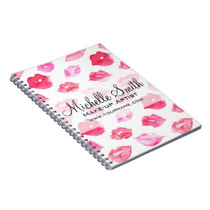 Watercolor pink lips pattern makeup branding spiral notebook