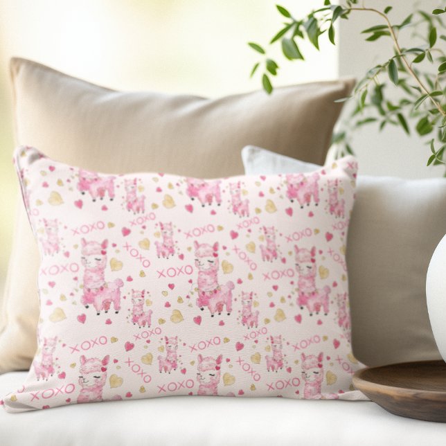 Watercolor Pink Llama XOXO Decorative Cushion (Creator Uploaded)