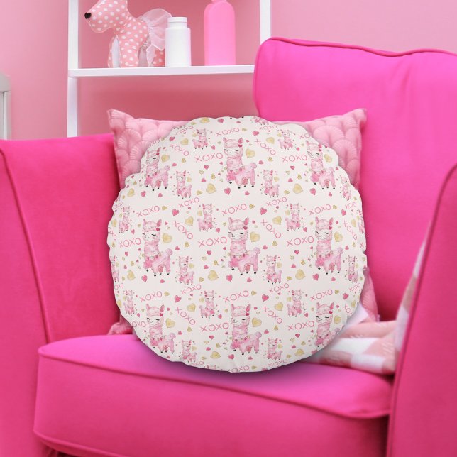  Watercolor Pink Llama XOXO Round Cushion (Creator Uploaded)