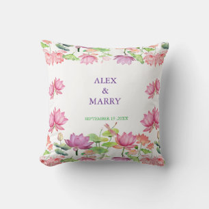 Watercolor Pink Lotus Floral Garden WEDDING  Cushion