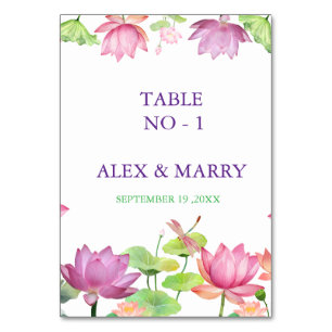Watercolor Pink Lotus Floral Garden WEDDING  Table Number