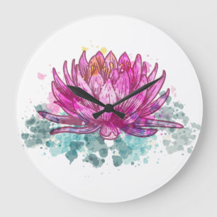 Watercolor Pink Lotus Flower Large Clock