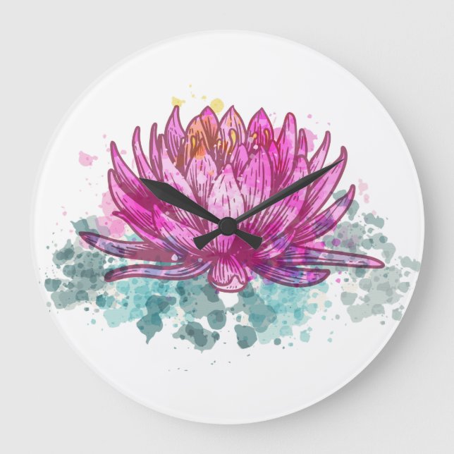 Watercolor Pink Lotus Flower Large Clock (Front)