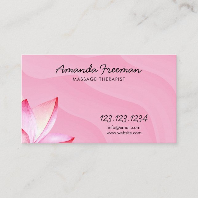 Watercolor Pink Lotus Flower Massage Therapist Business Card (Front)