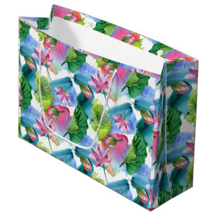 Watercolor Pink Lotus Flowers and Leaves Botanical Large Gift Bag