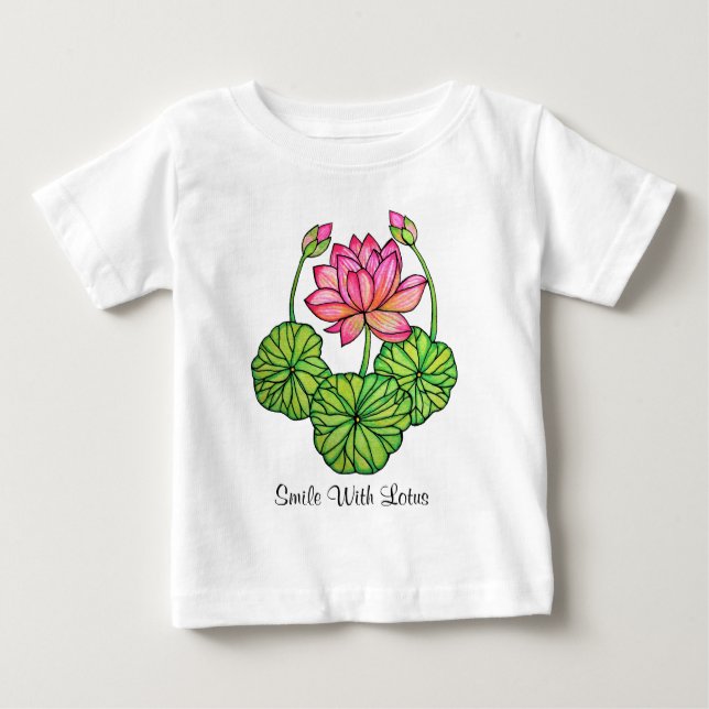 Watercolor Pink Lotus with Buds & Leaves Baby T-Shirt (Front)