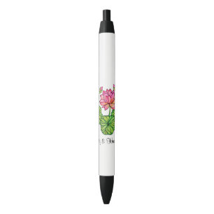 Watercolor Pink Lotus with Buds & Leaves Black Ink Pen