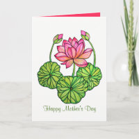 Watercolor Pink Lotus with Buds & Leaves