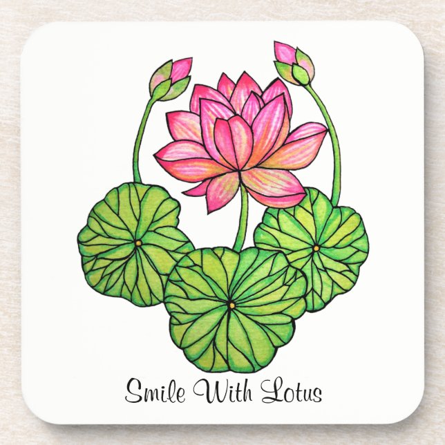 Watercolor Pink Lotus with Buds & Leaves Coaster (Front)