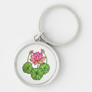 Watercolor Pink Lotus with Buds & Leaves Key Ring