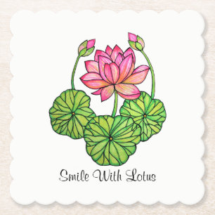 Watercolor Pink Lotus with Buds & Leaves Paper Coaster