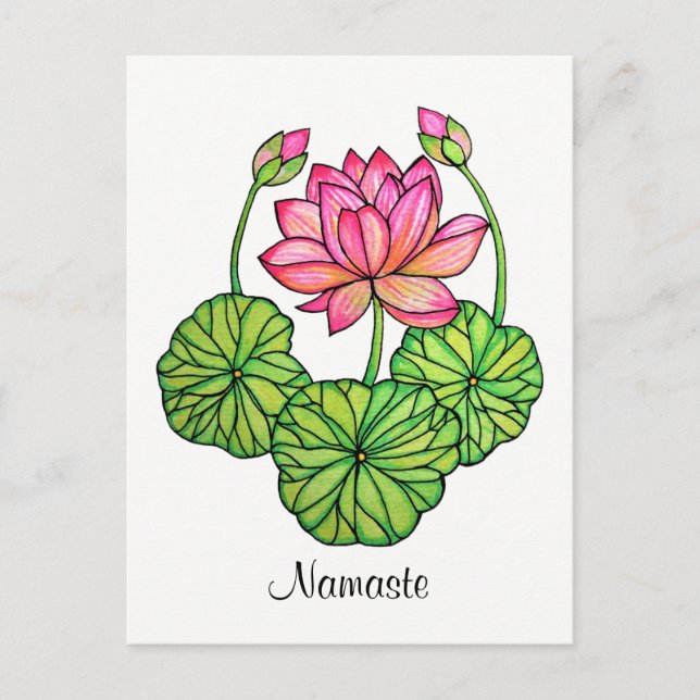 Watercolor Pink Lotus with Buds & Leaves Postcard (Front)