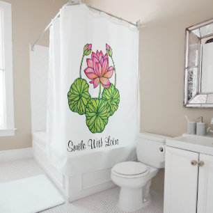 Watercolor Pink Lotus with Buds & Leaves Shower Curtain