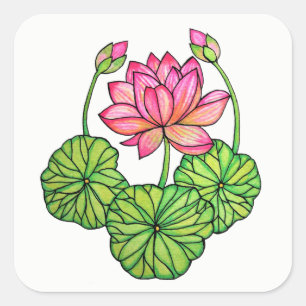 Watercolor Pink Lotus with Buds & Leaves Square Sticker