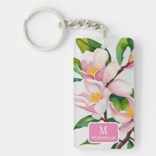 Watercolor Pink Magnolia Botanical Monogram Key Ring