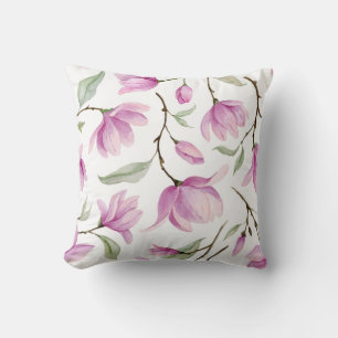 Watercolor pink magnolia flowers and leaves seamle cushion