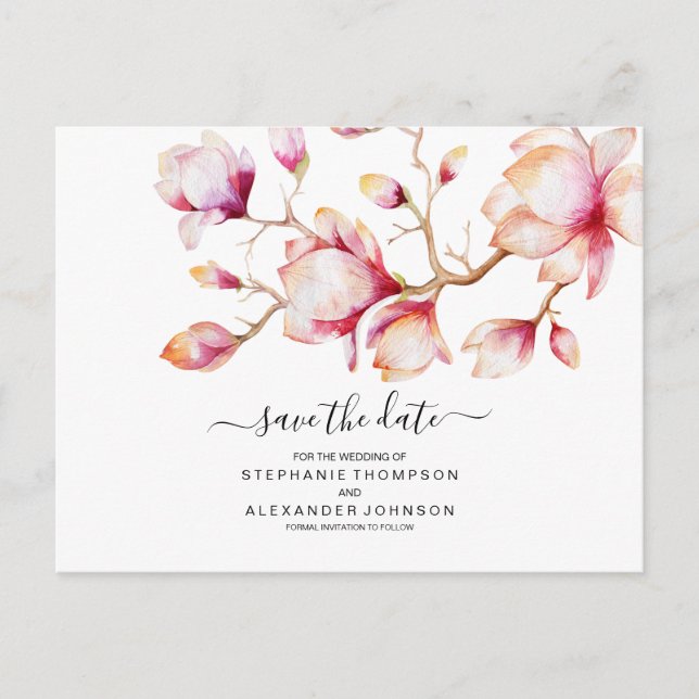 Watercolor Pink Magnolia Flowers Announcement Postcard (Front)