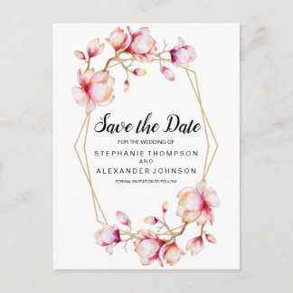 Watercolor Pink Magnolia Flowers Announcement Postcard