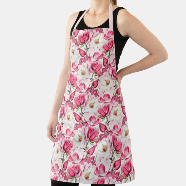 Watercolor Pink Magnolia Flowers Pattern Apron (Insitu)