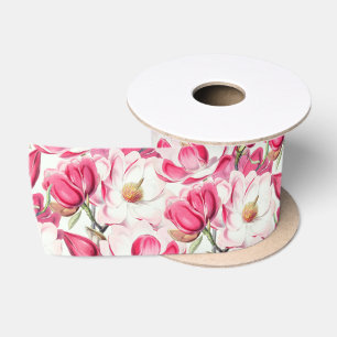 Watercolor Pink Magnolia Flowers Pattern Satin Ribbon