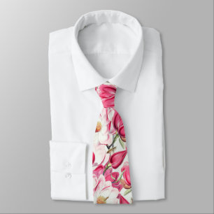 Watercolor Pink Magnolia Flowers Pattern Tie