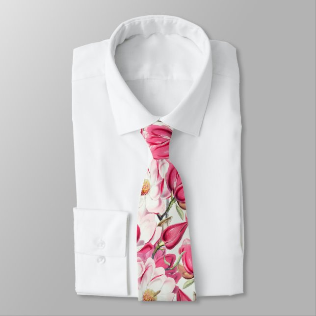 Watercolor Pink Magnolia Flowers Pattern Tie (Tied)