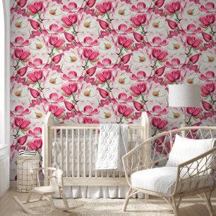 Watercolor Pink Magnolia Flowers Pattern Wallpaper