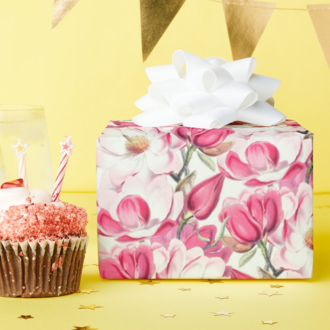 Watercolor Pink Magnolia Flowers Pattern Wrapping Paper (Birthday Party)