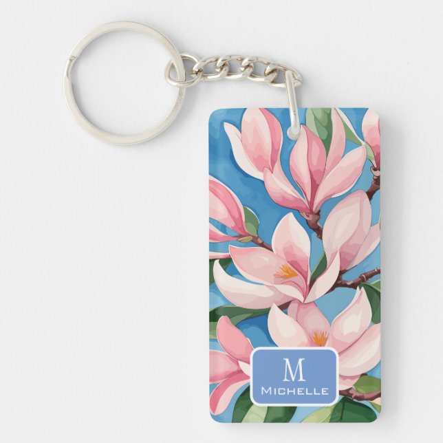Watercolor Pink Magnolia Modern Art Blue Monogram Key Ring (Front)