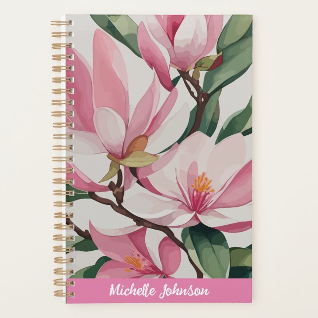 Watercolor Pink Magnolia Modern Art  Planner (Front)