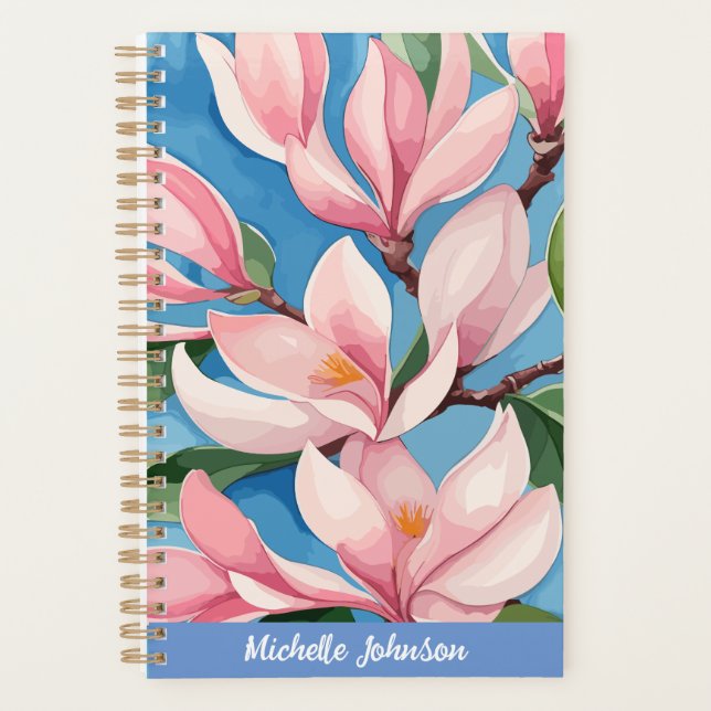 Watercolor Pink Magnolia Modern Art  Planner (Front)