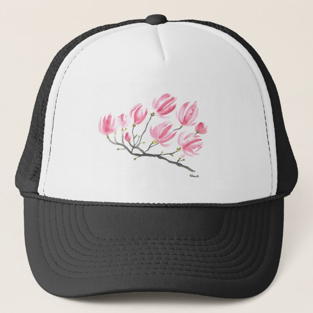 Watercolor Pink Magnolia Nature Botanical Floral Trucker Hat (Front)