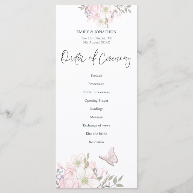 Watercolor Pink Magnolias Butterfly Script Wedding Programme (Front)