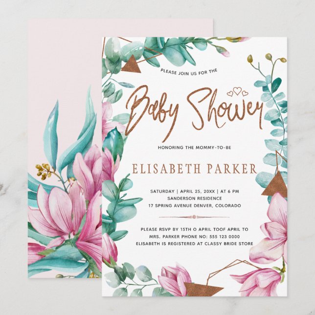 Watercolor pink magnolias copper baby girl shower invitation (Front/Back)
