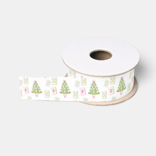 Watercolor Pink Mahjong Christmas Tree Grosgrain Ribbon
