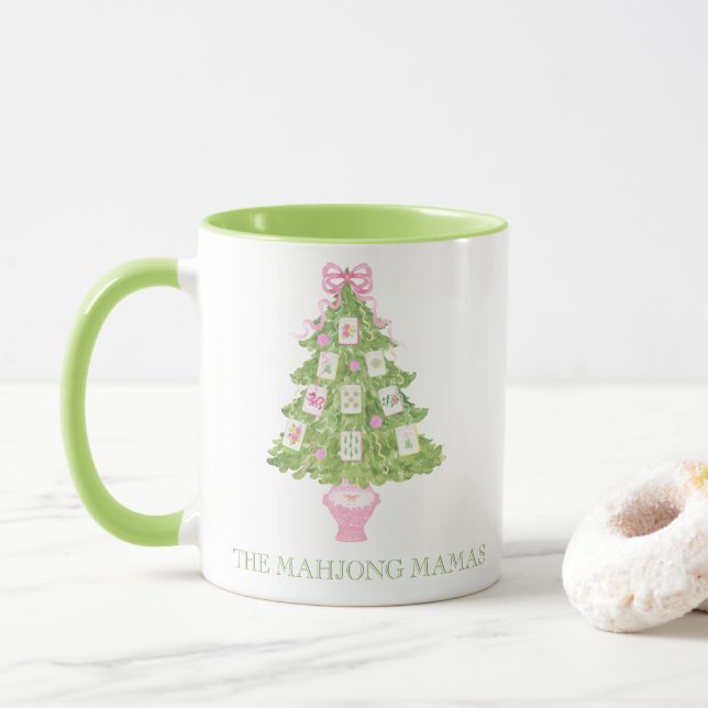 Watercolor Pink Mahjong Christmas Tree Party Mug (With Donut)