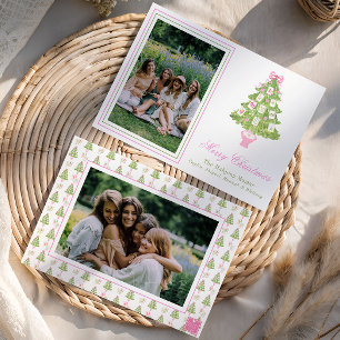 Watercolor Pink Mahjong Christmas Tree Photo Holiday Card