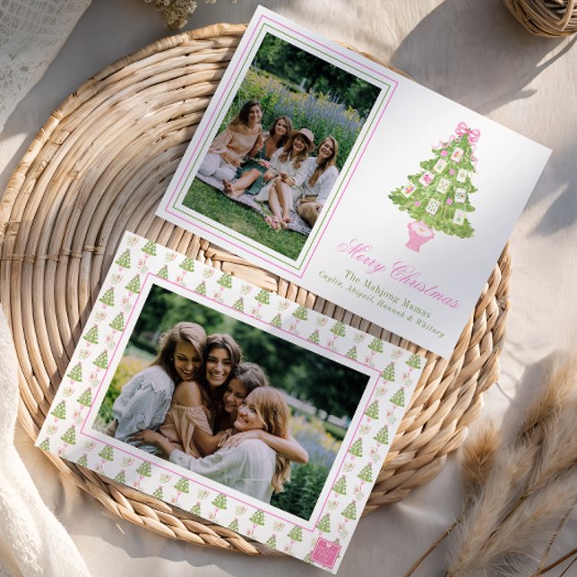 Watercolor Pink Mahjong Christmas Tree Photo Holiday Card (Creator Uploaded)