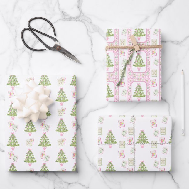 Watercolor Pink Mahjong Christmas Tree Wrapping Paper Sheet (Front)