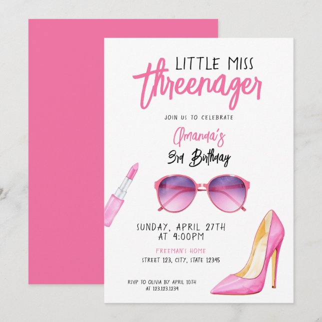 Watercolor Pink Makeup Themed 3rd Birthday Invitation (Front/Back)