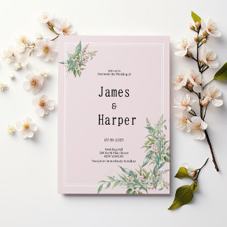 Watercolor pink mint flower bouquet Wedding Invitation