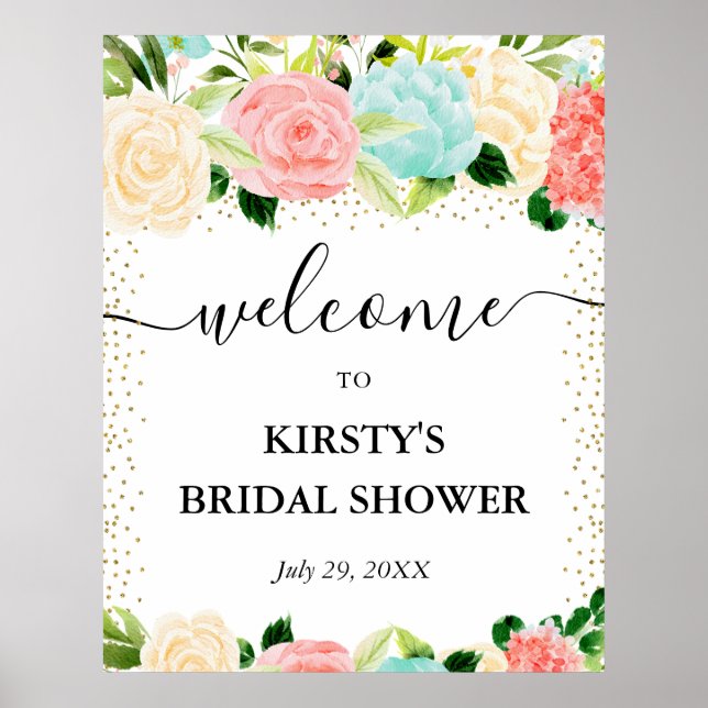 Watercolor Pink Mint Flowers Bridal Shower Welcome Poster (Front)