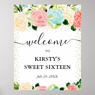 Watercolor Pink Mint Flowers Sweet 16 Welcome Poster