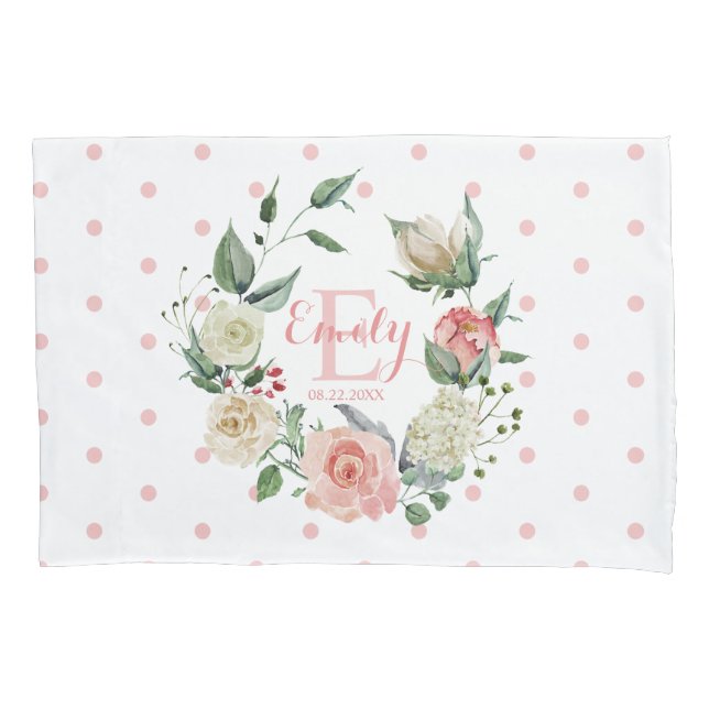 Watercolor Pink Monogram Baby Girl Floral Pillowcase (Front)