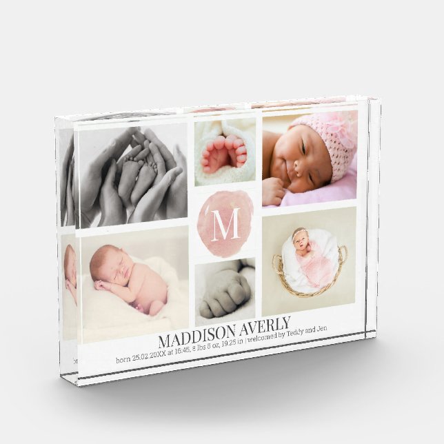 Watercolor Pink Monogram Collage Girl Birth  Photo Block (Left)