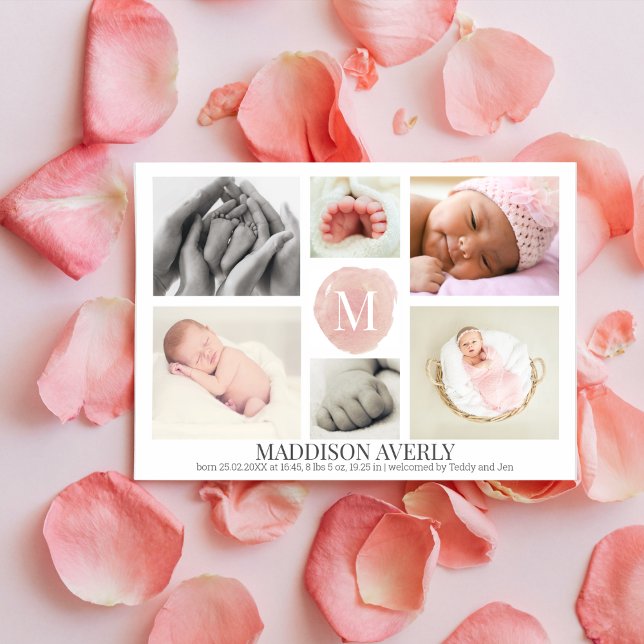 Watercolor Pink Monogram Photo Collage Girl Birth Announcement (Creator Uploaded)