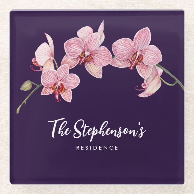 Watercolor Pink Moth Orchids Painting Glass Coaster (Front)