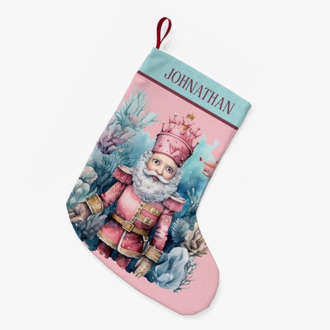 Watercolor pink nutcracker add name small christmas stocking (Front (Hanging))